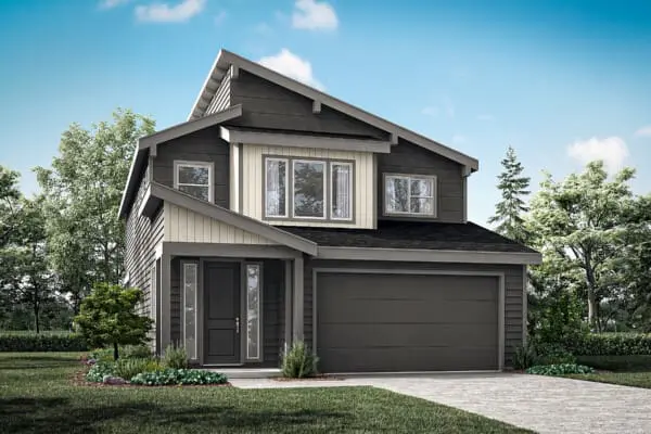 Modern two-story house with dark gray siding and a sloped roof. It features a double garage, large front windows, and a landscaped yard with green grass and trees under a clear blue sky.