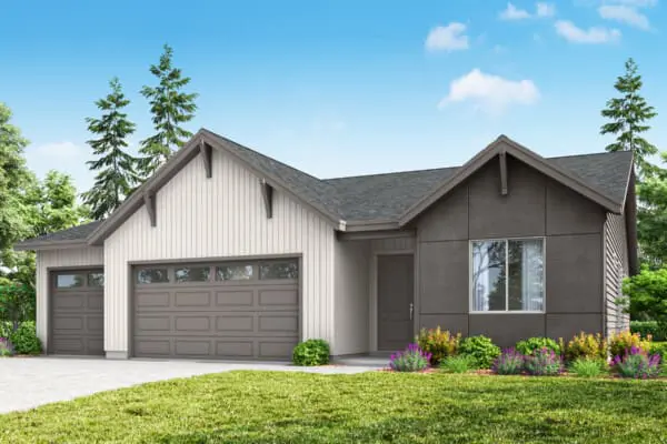 Modern single-story house with a dark grey and white exterior, featuring a two-car garage and large windows. The yard is landscaped with green grass and colorful flowers, and tall trees are visible in the background under a clear blue sky.