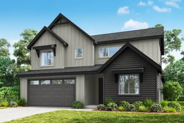Modern two-story house with black and white exterior featuring a dark gray garage door. The home is surrounded by a well-maintained lawn, shrubs, and trees, with a clear blue sky above.