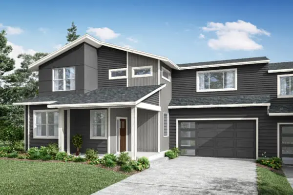 Modern two-story house in Stone's Throw with dark gray siding, white trim, large windows, attached double garage, and a small front porch—nestled at 8605 NE 136th Ave amid a landscaped yard and green lawn under a blue sky.