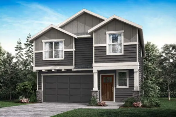 Two-story modern house with gray siding, white trim, and a double garage. The home has a wooden front door, a small porch, and is surrounded by green grass, shrubs, and trees under a clear blue sky.