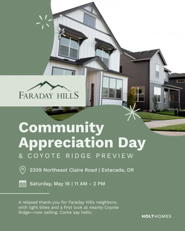 Community, connection, and a first look at what’s next ✨ Join us at Faraday Hills for a relaxed afternoon with neighbors, light bites, and a preview of nearby Coyote Ridge, now selling. 

📍 2209 NE Claire Rd, Estacada, OR
🗓 Saturday, May 16 | 11 AM–2 PM

This free event is open to neighbors, friends, and families. Reserve your spot via link in bio 🔗